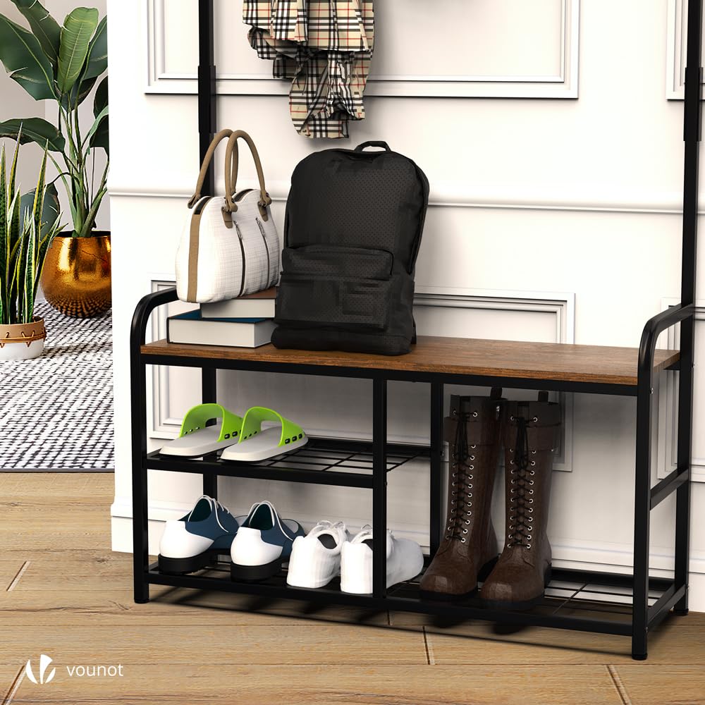 VOUNOT® Stand Appendiabiti da Terra con Panca Scarpiera a 3 Ripiani, Attaccapanni Autoportante Mobile Ingresso Corridoio 9 Ganci Rimovibili, Design Moderno Industriale 85x33x185cm