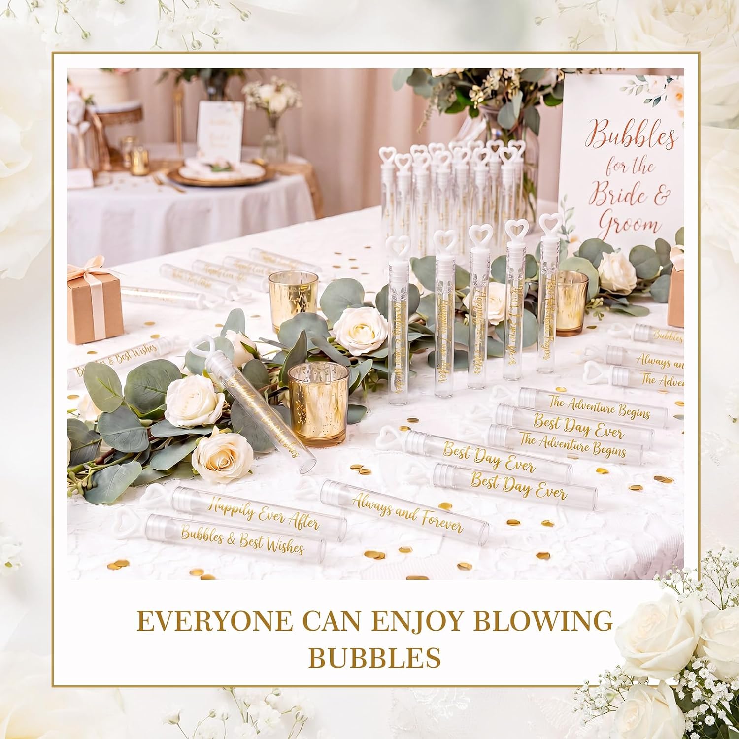 Hollowfly 200 Pcs Wedding Mini Bubble Wands Bulk Heart Wedding Bubble Wand for Guests Send Off Bridal Shower Party Supplies for Adult Valentine Anniversary Celebration (White Tube,Gold Print)