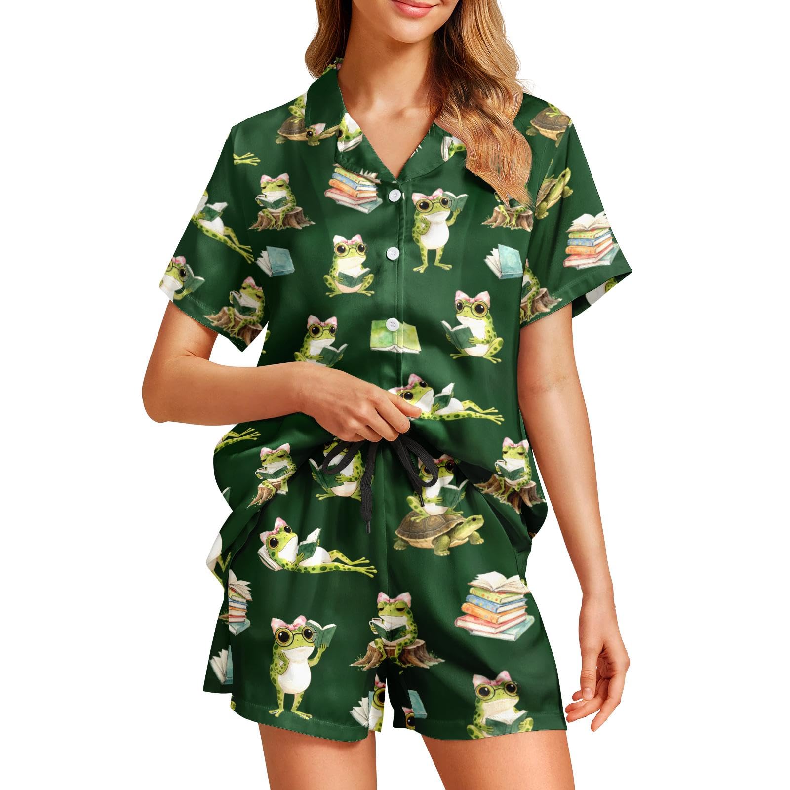 Funny Pajamas for Women Set Print Satin Loungewear Pjs Short Sleeve Button Down Top and Shorts Sets Sleepwear XS-3XL