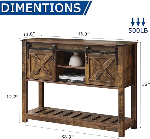 Miniatura 2 de Mesa de entrada de granja marrón, mesa de pasillo rústica con estante de almacenamiento, mesa de sofá con puertas correderas de granero para