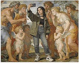 16×20 Sarcastic Renaissance Canvas Art - Modern Girl & Angels Selfie Print - Anachronistic Pop Culture Painting - Funny Wall Decor for Art Lovers, Apartment - Unframed