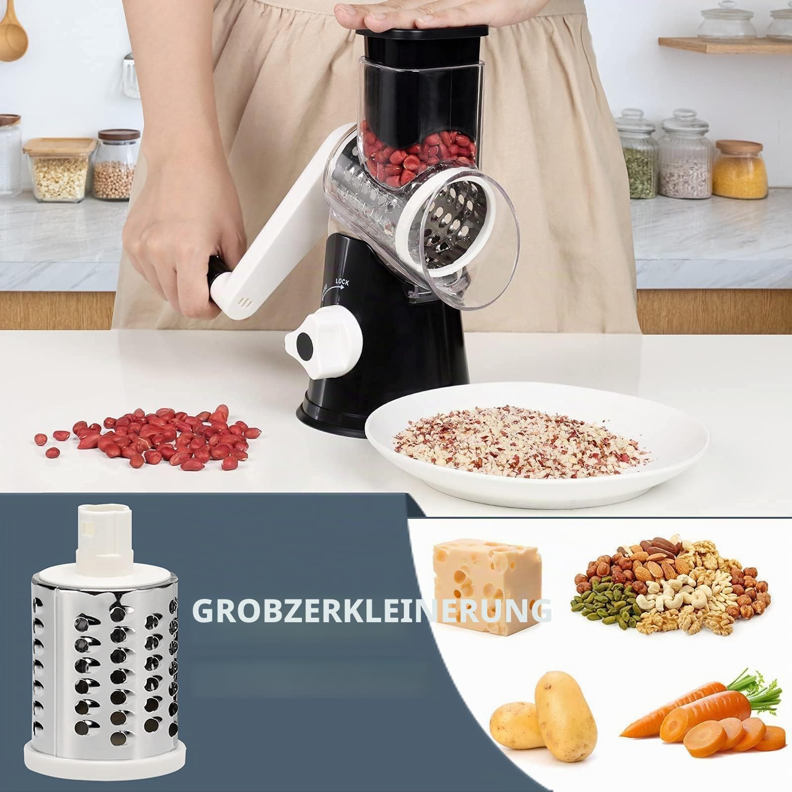 KEOUKE Rotary Cheese Reibe mit Griff Gemüse Käse Shredder Slicer Reibe für Küche 3 Wechselklingen für Käse Kartoffel Zucchini Nüsse Schokolade - Schwarz