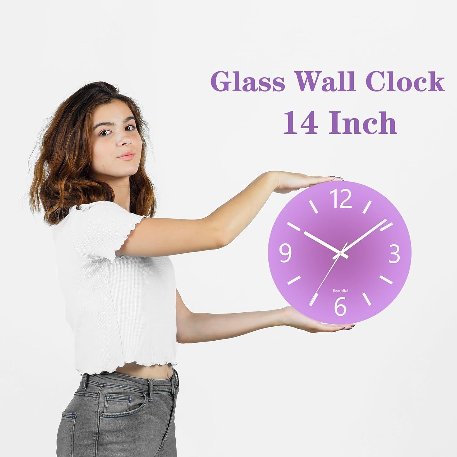 Tempered Glass Large Wall Clock, Modern Round Decorative Clock for Kitchen/Bedroom/Living Room, 14 Inch Simple Style Battery Operated Indoor Outdoor Hanging Clock - Purple