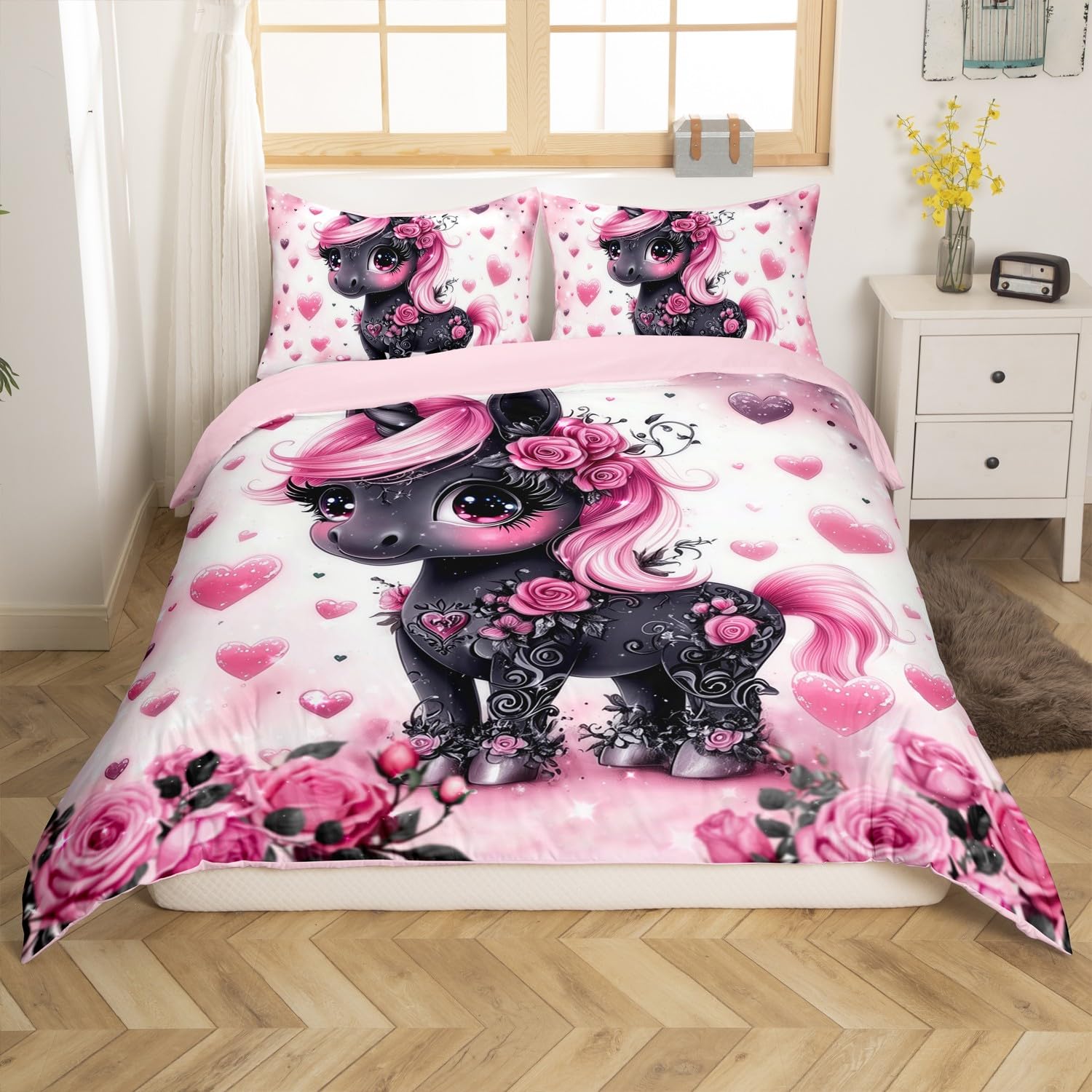 Girls Cool Unicorn Duvet Cover Toddler Size for Kids Girls Teens,Pink Black Flowers Rose 2 Pieces Duvet Cover,Cartoon 3D Unicorn Soft Comforter Cover (Not Comforter),Cute Love Hearts Quilt Cover
