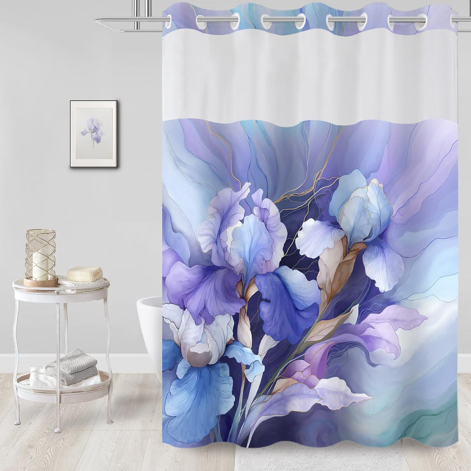 No Hook Shower Curtain and Liner Set, Floral Shower Curtains with Snap in Liner for Bathroom, Elegant Purple Iris Flower Ringless Bath Curtain Waterproof Washable with Mesh Top Window, 71" x 74"