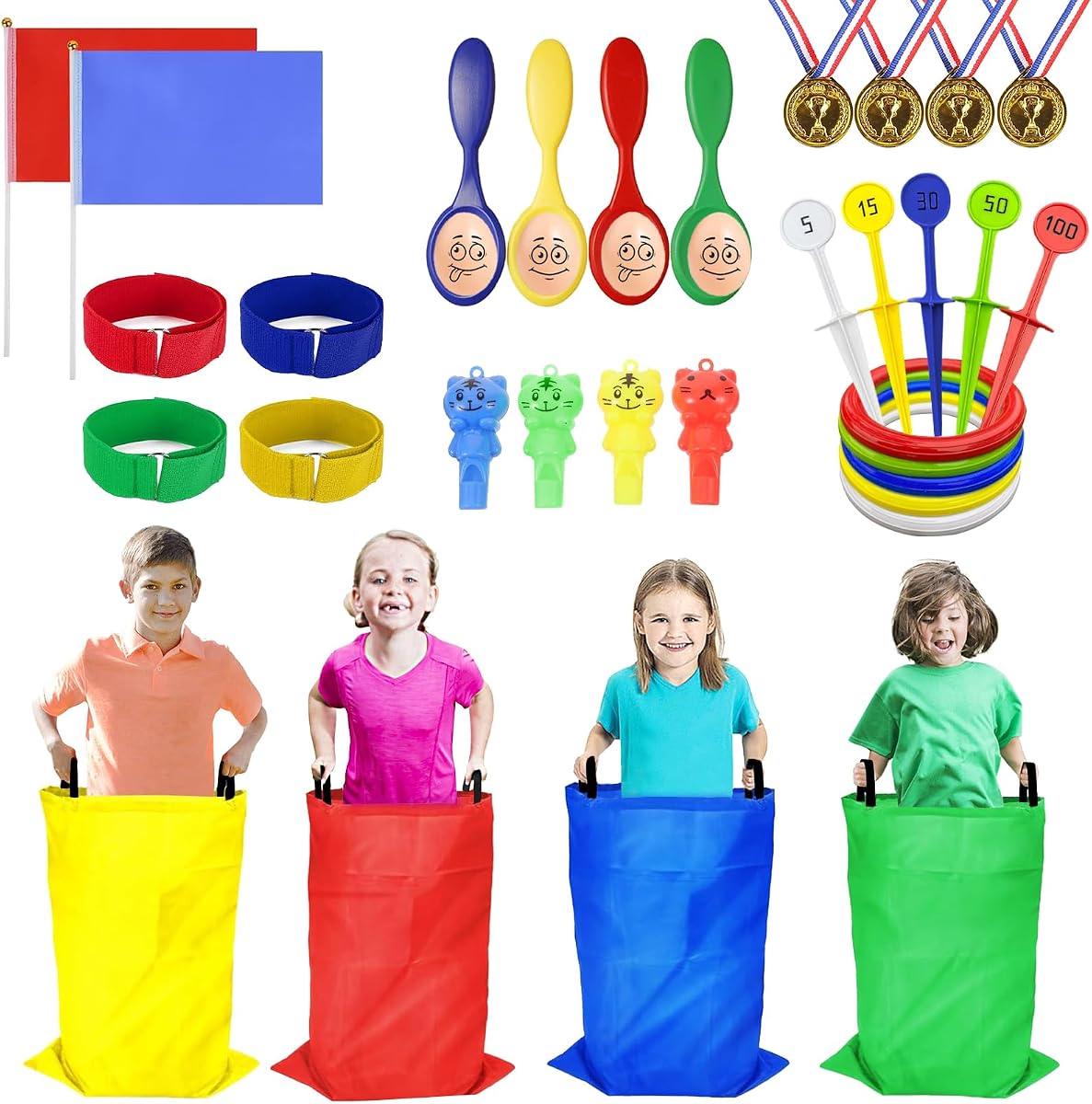 Sports Day Kit, 36 Pcs Outdoor Games Set, Sack Race, Ring Toss Game, Egg and Spoon Race, 3 Legged Race, Medal and Whistles, Birthday Party Games Backyard Garden Game Kit for Kids and Family