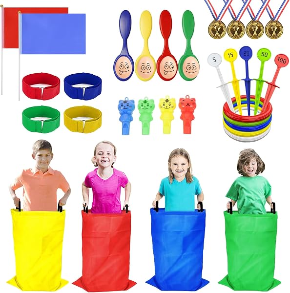Sports Day Kit, 36 Pcs Outdoor Games Set, Sack Race, Ring Toss Game, Egg and Spoon Race, 3 Legged Race, Medal and Whistles, Birthday Party Games Backyard Garden Game Kit for Kids and Family - 1