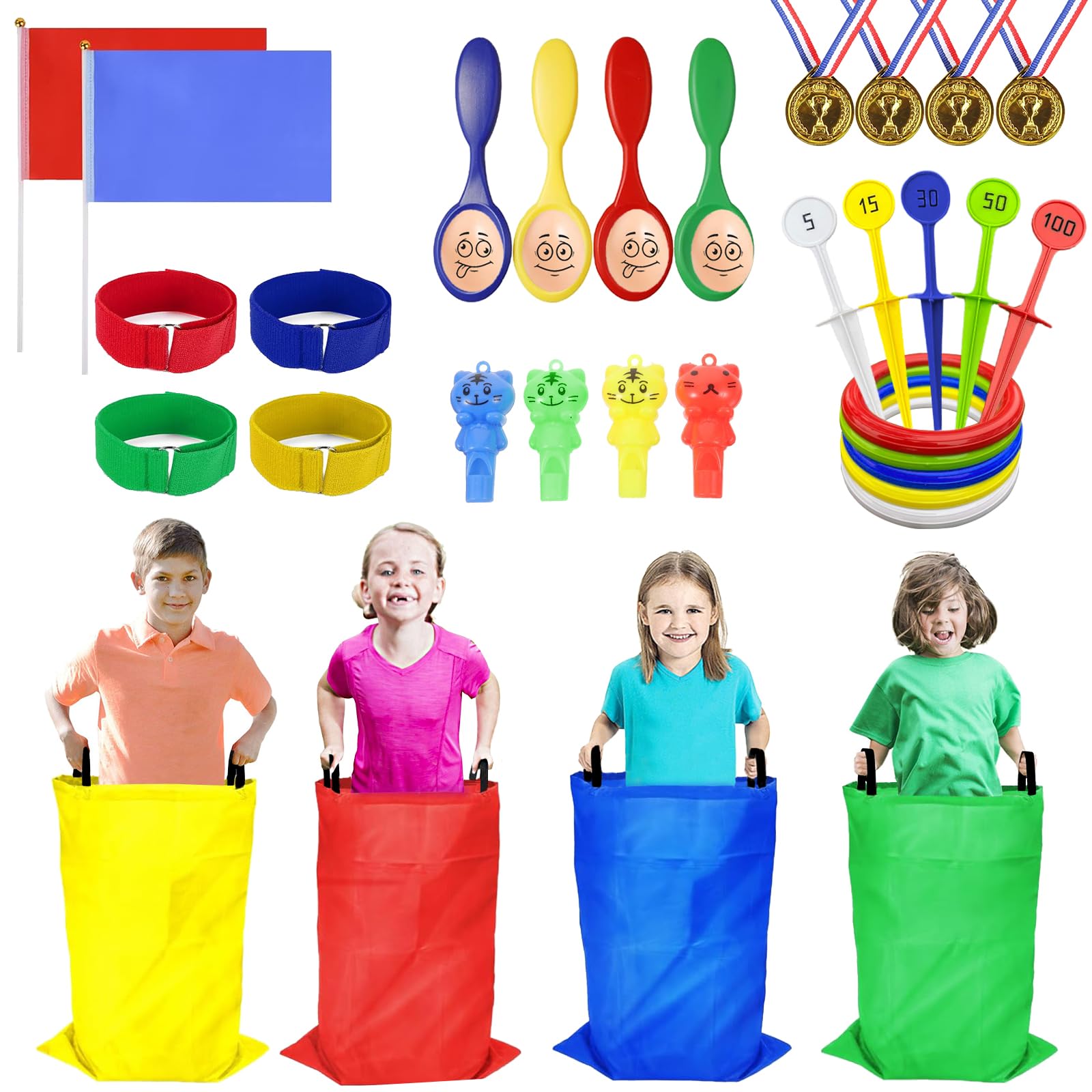 Sports Day Kit, 36 Pcs Outdoor Games Set, Sack Race, Ring Toss Game, Egg and Spoon Race, 3 Legged Race, Medal and Whistles, Birthday Party Games Backyard Garden Game Kit for Kids and Family