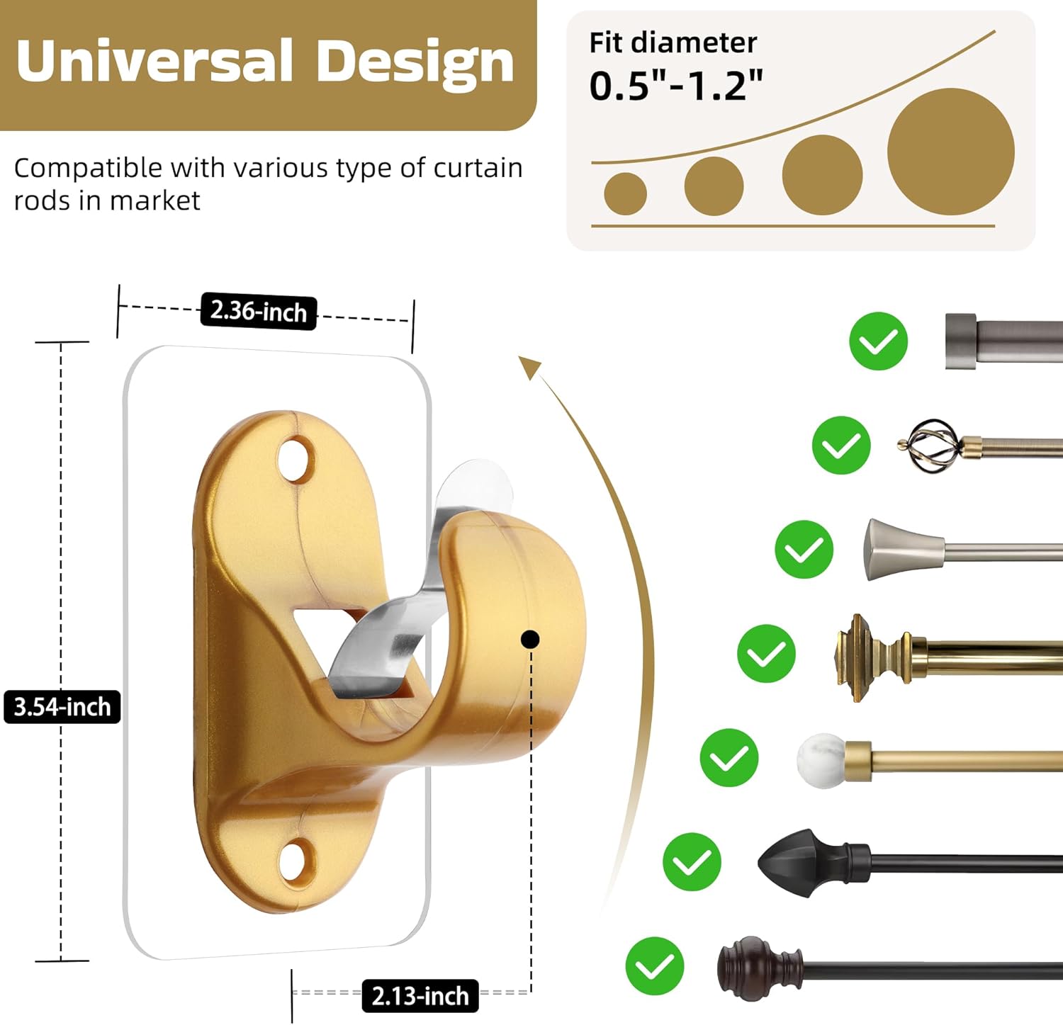 ANDGOO 10 Pack No Drill Curtain Rod Holders, Self Adhesive Curtain Rod Brackets, No Drilling, No Nail Heavy Duty Stick on Rod Hooks Bedroom, Bathroom, Livingroom, Kitchen (Gold)