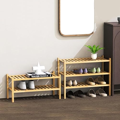 Miniatura 4 de Zapatero organizador de 3 niveles, estante de almacenamiento apilable con combinaciones multifunción, zapateros de bambú de pie para armario,