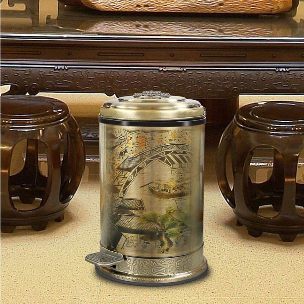Dustbins Chinese Style Retro Trash Can with Foot Pedal Bronze Metal Handle Two-Layer Sealed Garbage Box Living Room Kitchen Bathroom Waste Recycling (Color : Brass Size : 6L) (Brass 6L)