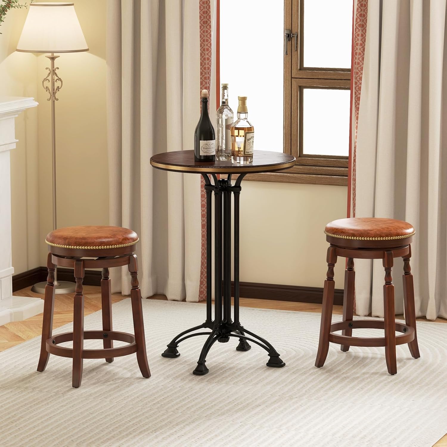 Giantex 24" Swivel Bar Stools Set of 4, Farmhouse Counter Height Stools with Upholstered Seat & Rubber Wood Frame, Round Backless Kitchen Stools, Barstools for Kitchen Island/Breakfast Nook, Walnut