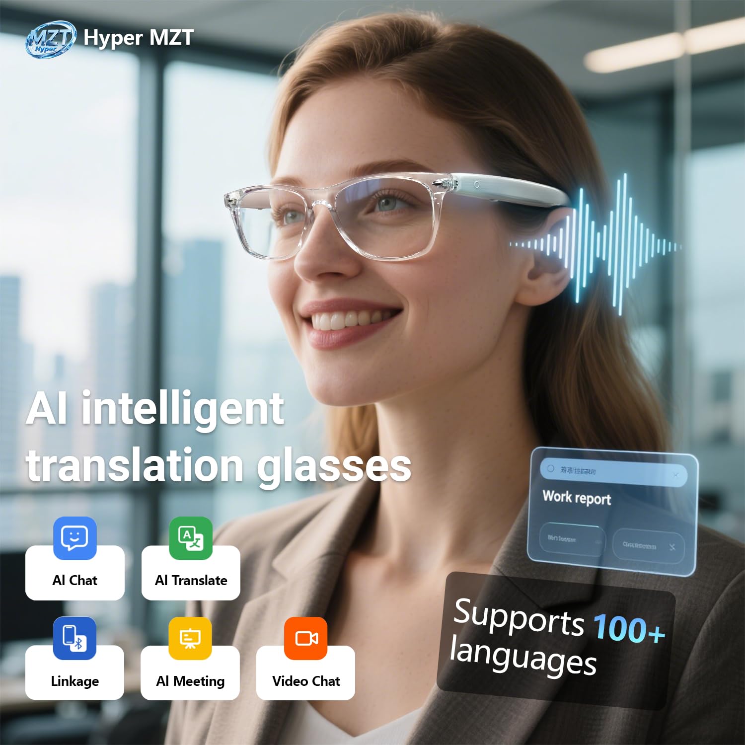 LONGLU Lunettes intelligentes – Traduction IA en temps réel via application, appels Bluetooth 5.4/musique, contrôle tactile léger, lumière bleue et protection UV (monture noire – lentille grise)