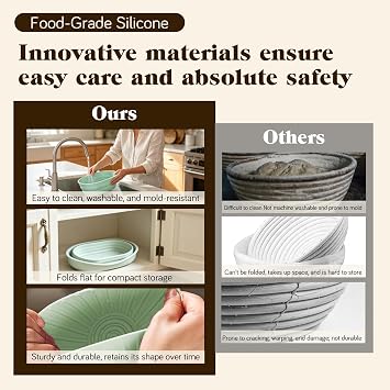 Sourdough Proofing Basket with Linen Cloth, 25cm Foldable Oval Silicone Banneton, Foldable Space Saving Dough Proofer for Artisan Bread Baking, Ideal Gift for Home Bakers