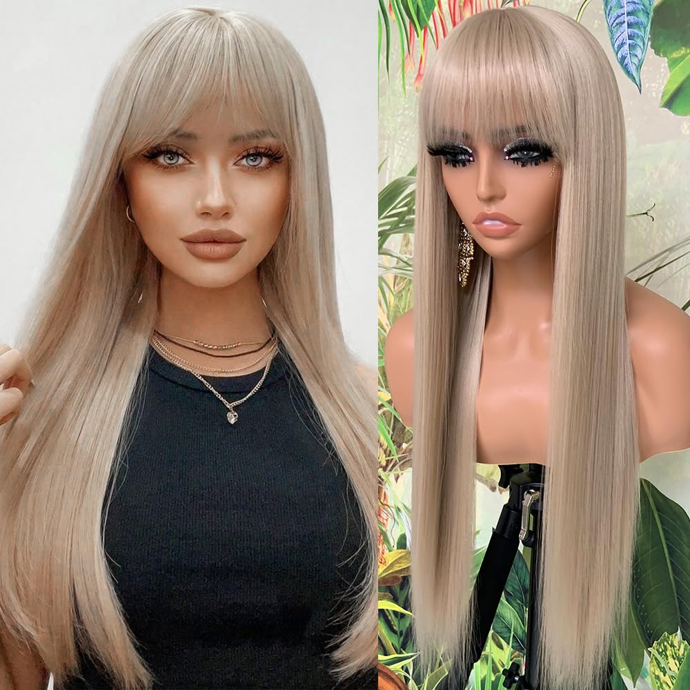 QD-Tizer Ash Blonde Synthetic Wigs with Bangs Long Straight Hair Wigs Glueless Synthetic None Lace Wigs Blonde Hair Heat-Resistant Fiber Wigs for Black Women - Image 2