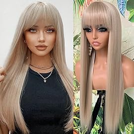 QD-Tizer Ash Blonde Synthetic Wigs with Bangs Long Straight Hair Wigs Glueless Synthetic None Lace Wigs Blonde Hair Heat-Resistant Fiber Wigs for Black Women