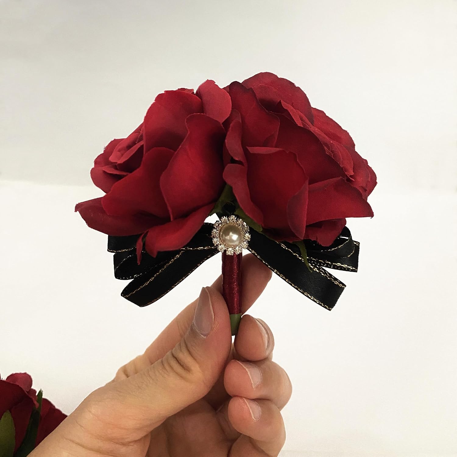 Prom Corsage and Boutonniere Set, Rose Boutonniere and Wrist Corsage Wristlet Set Flowers for Party Ball Dancing Prom Suit Decorations (Red)