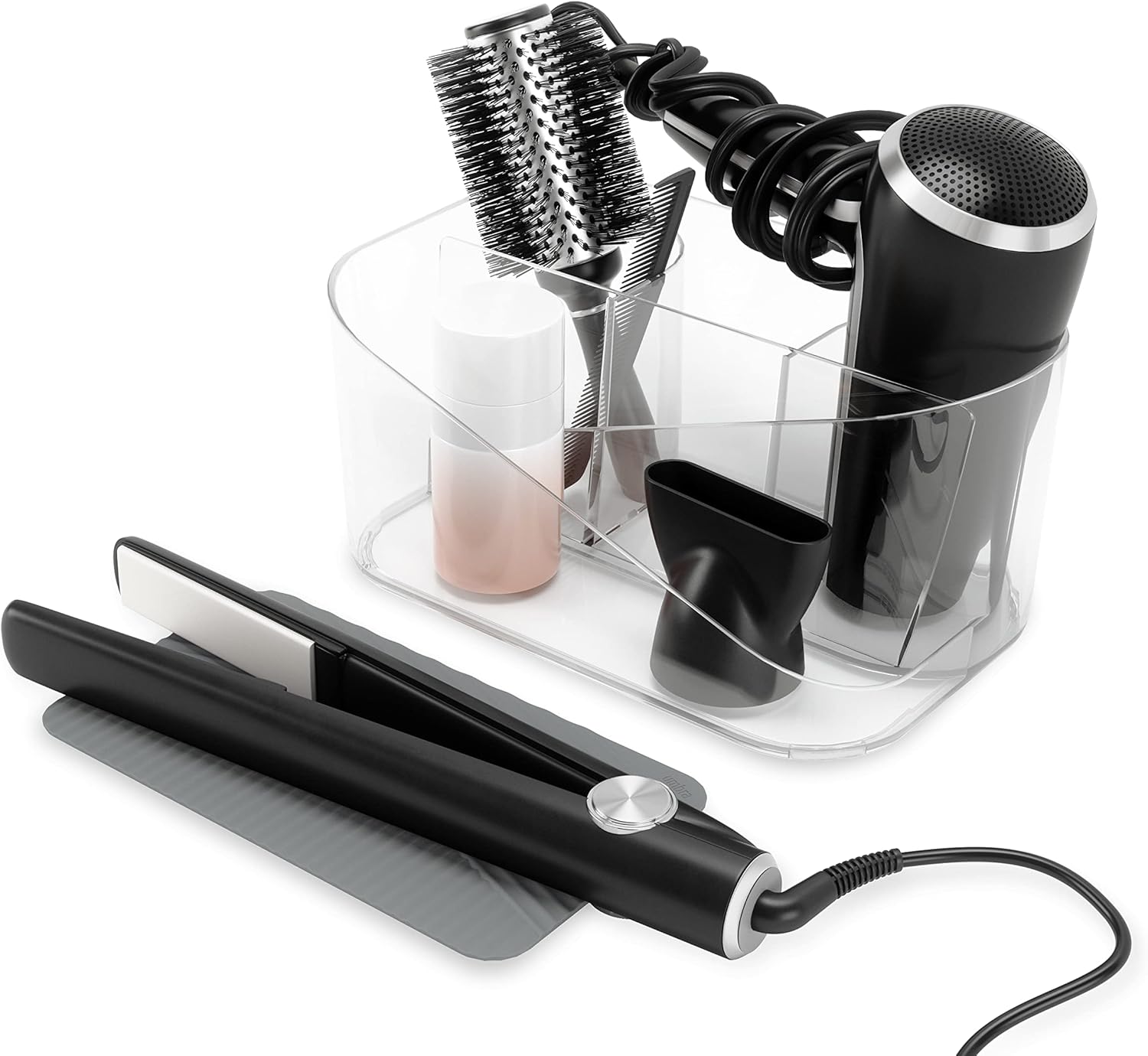 Umbra Glam Organizer, Countertop Makeup and Cosmetic Multi-Function Storage for Hair Tools with Dividers, Clear/Dark Gray