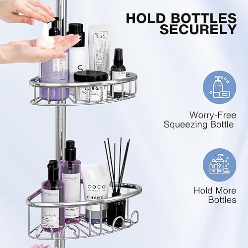Miniatura 5 de Poste de tensión de esquina para regadera organizador de ducha de 4 niveles de acero inoxidable a prueba de óxido - 47-121 pulgadas estantes de baño