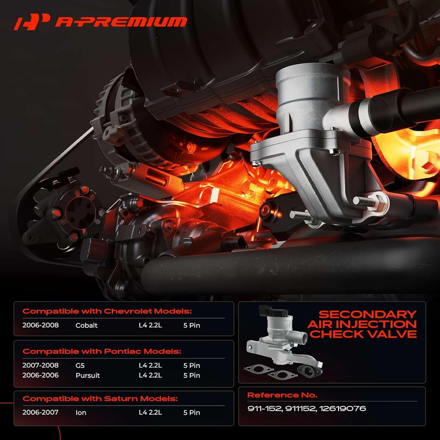 A-Premium Secondary Air Injection Check Valve, Air Pump Check Control Valve, with Gasket, Compatible with Chevrolet Cobalt 2006-2008 & Pontiac G5 2007-2008, Pursuit 2006 & Saturn Ion, 2.2L L4 Petrol