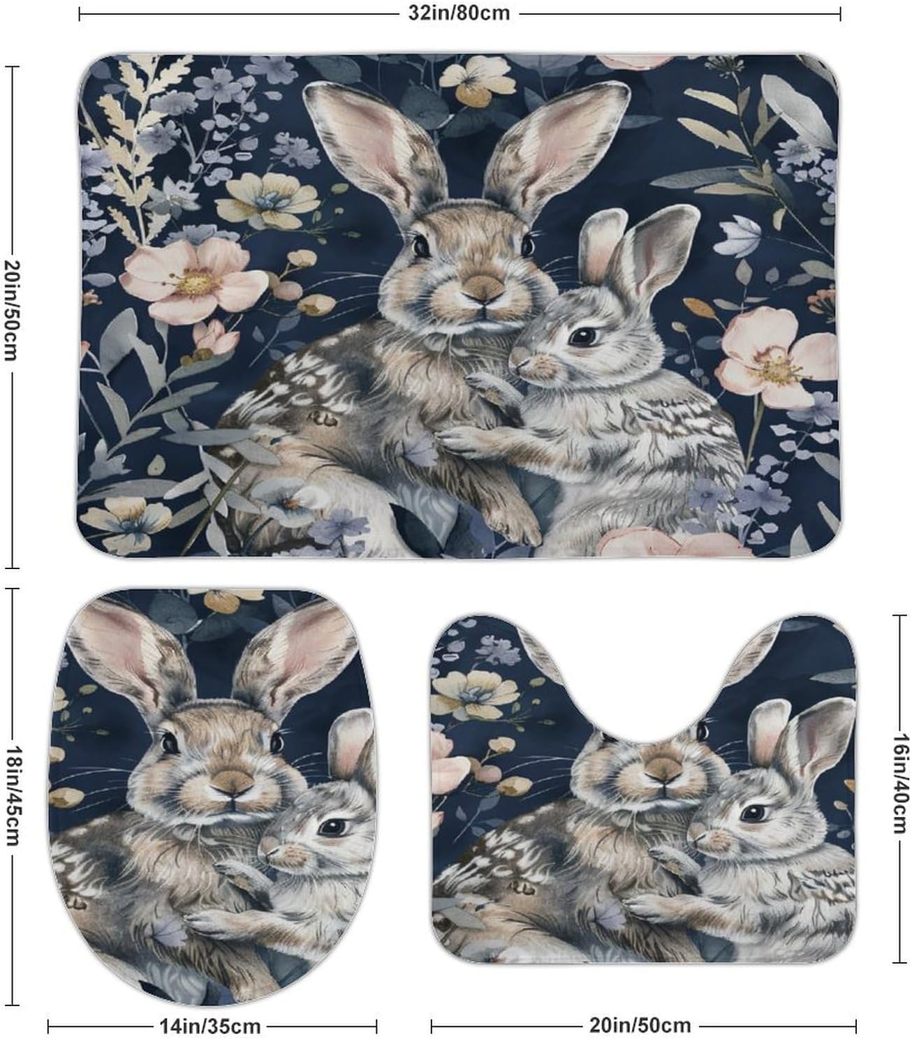 Bathroom Rug Mats Set 3 Piece Mother, Baby Rabbit Spring Floral Navy Blue Unique Bathroom Mats Soft Washable Bath Mats 20"x32" Watercolor Rabbit Bath Mat + Contour Mat + Toilet Seat Cover