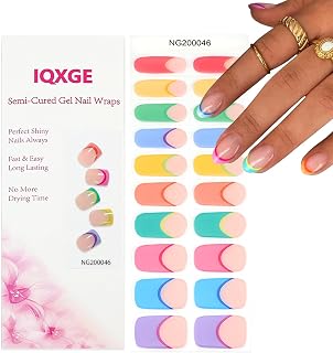 20PCS Semi Cured Gel Nail Strips French Tip Nail Wraps with Line Design Rainbow Colorful UV Gel Nails Stickers UV Light Needed Glossy Nails Polish Strips Includes Prep Pads, File, Wooden Stick