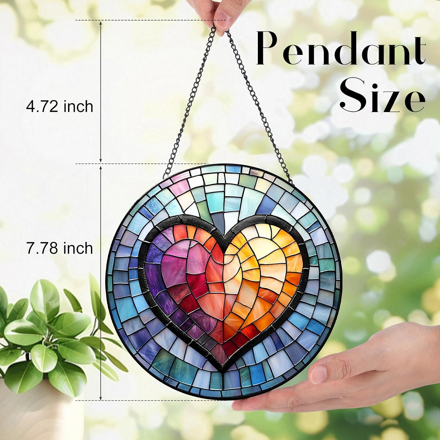 Stained Glass Heart Suncatcher - 7.9" Real Glass Rainbow Mosaic Window Hanging, Weatherproof Modern Romantic Decor, Colorful Love for Women Mom Best Friend