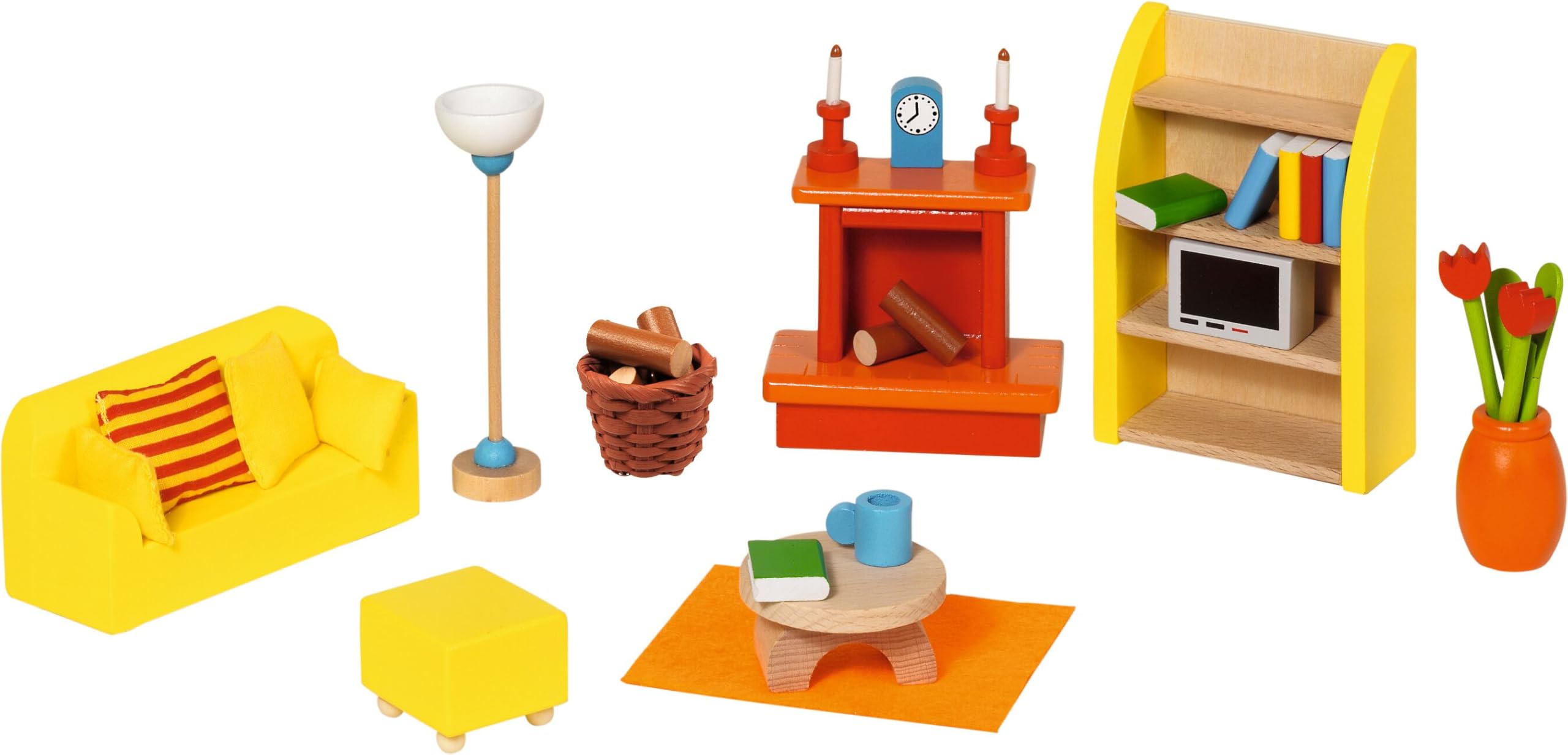goki 6633 - Puppenhaus Set XXL, 115 Teile aus Holz & Textil, Komplettes Möbelset & Zubehör, Biegepuppenfamilie, Küche, Badezimmer, Schlafzimmer, Wohnzimmer, Haus mit Etagen 65 x 35 x 88cm, ab 3 Jahre