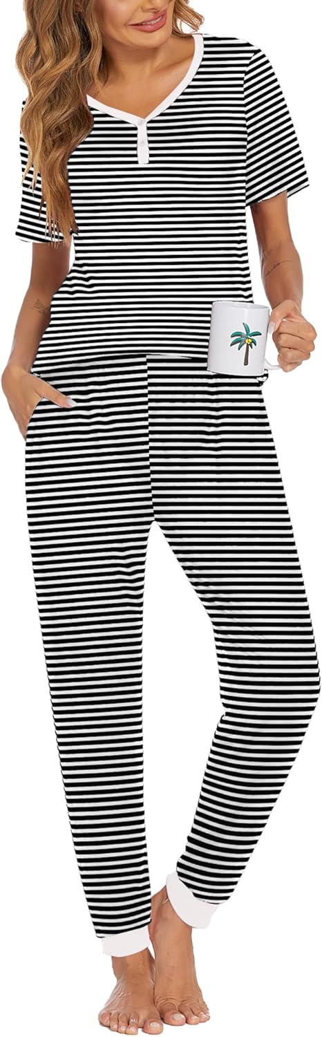 Ekouaer Pajamas for Women Set 2 Piece Lounge Set Short Sleeve Pjs Joggers Long Pants Sleepwear with Pockets
