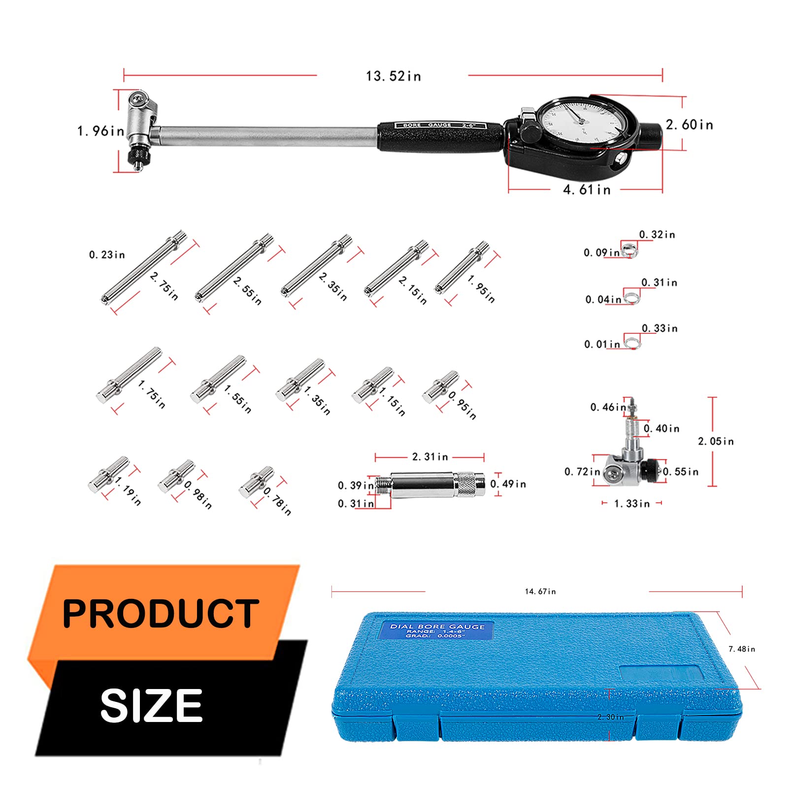 52-646-400-0 para kit de calibre de diámetro de esfera extensor, rango de 1.4 a 6 pulgadas, profundidad de medición de 9.5 pulgadas, calibre de diámetro de esfera de graduación de 0.000 pulgadas