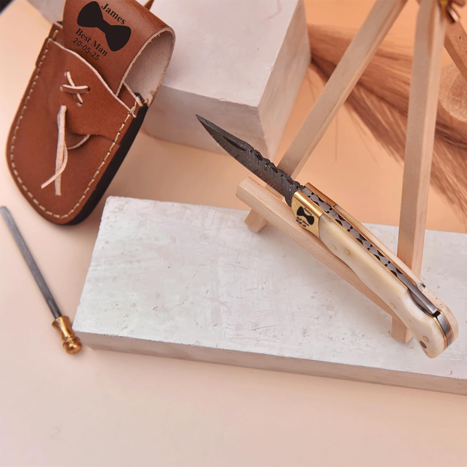 Set of 3 - Personalized Damascus Pocket Knife for Groomsmen With Leather Sheaths - Custom Engraved Pocket Knives | Groomsman Gifts for Wedding, Groomsmen Proposal Gifts