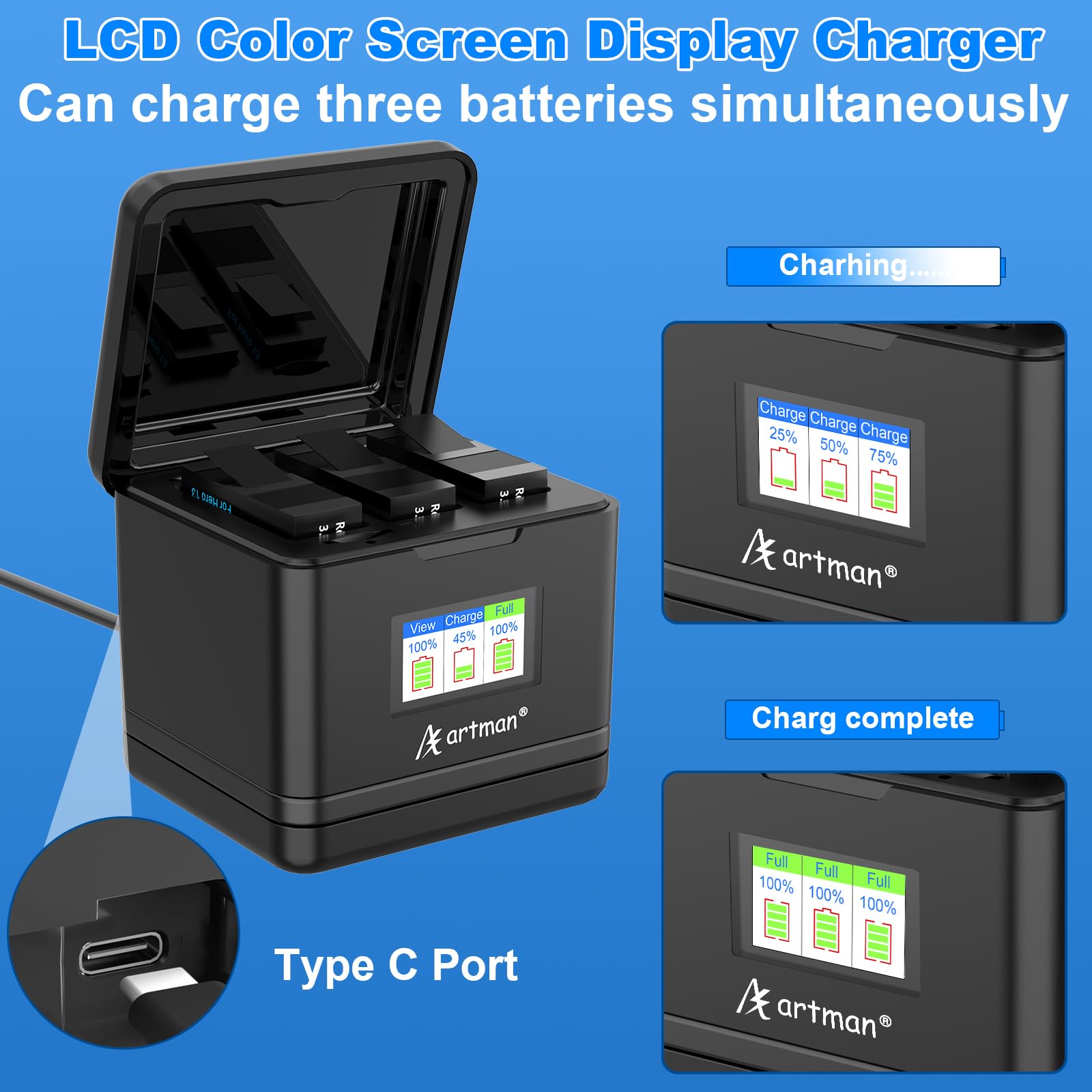 Hero 13 Replacement Batteries & Charger – 3-Pack 2300mAh Enduro Batteries With 3-Channel LCD Charger
