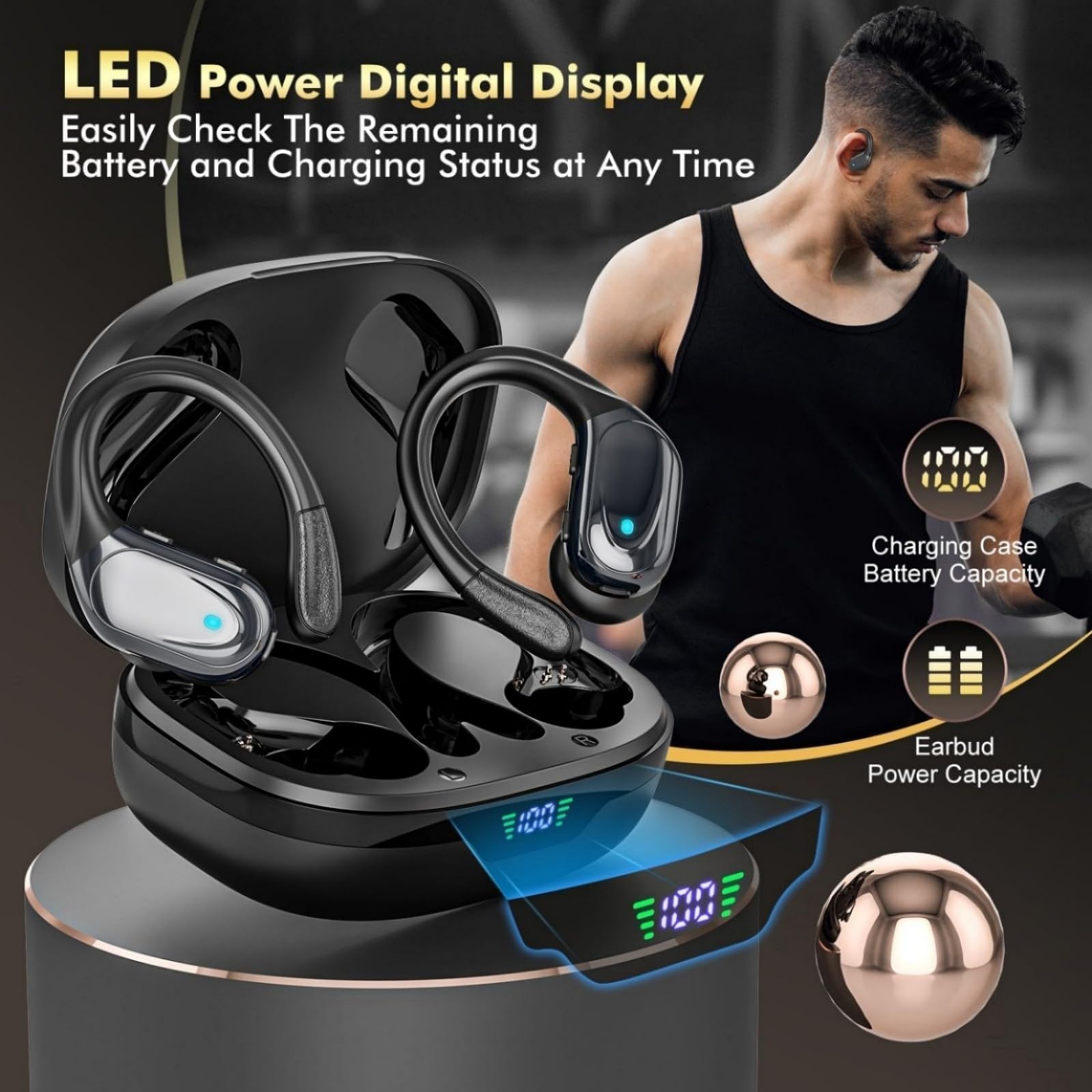 HAOYUYAN Écouteurs sans fil, écouteurs Bluetooth de sport, 80 heures de lecture, avec affichage de l'alimentation LED, casque antibruit, écouteurs étanches IPX7 pour entraînement/course à pied