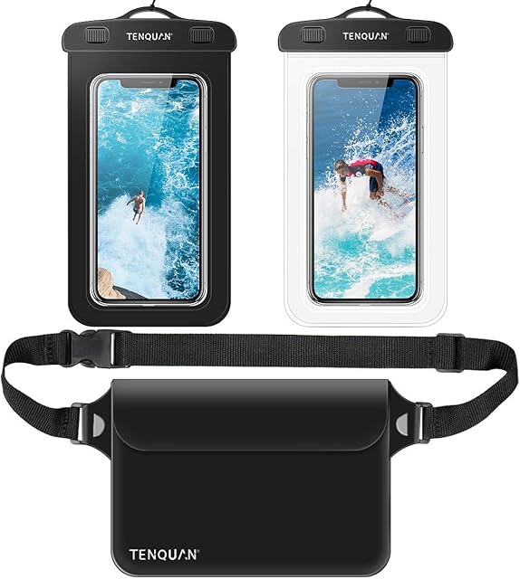 TENQUAN Waterproof Phone Pouch and Waterproof Bag, 2 Cellphone Dry Case with Lanyard and 1 Pouch Dry Bag with Waist/Shoulder Strap, Watertight Sealed Underwater for Swimming Boating Bath Fishing