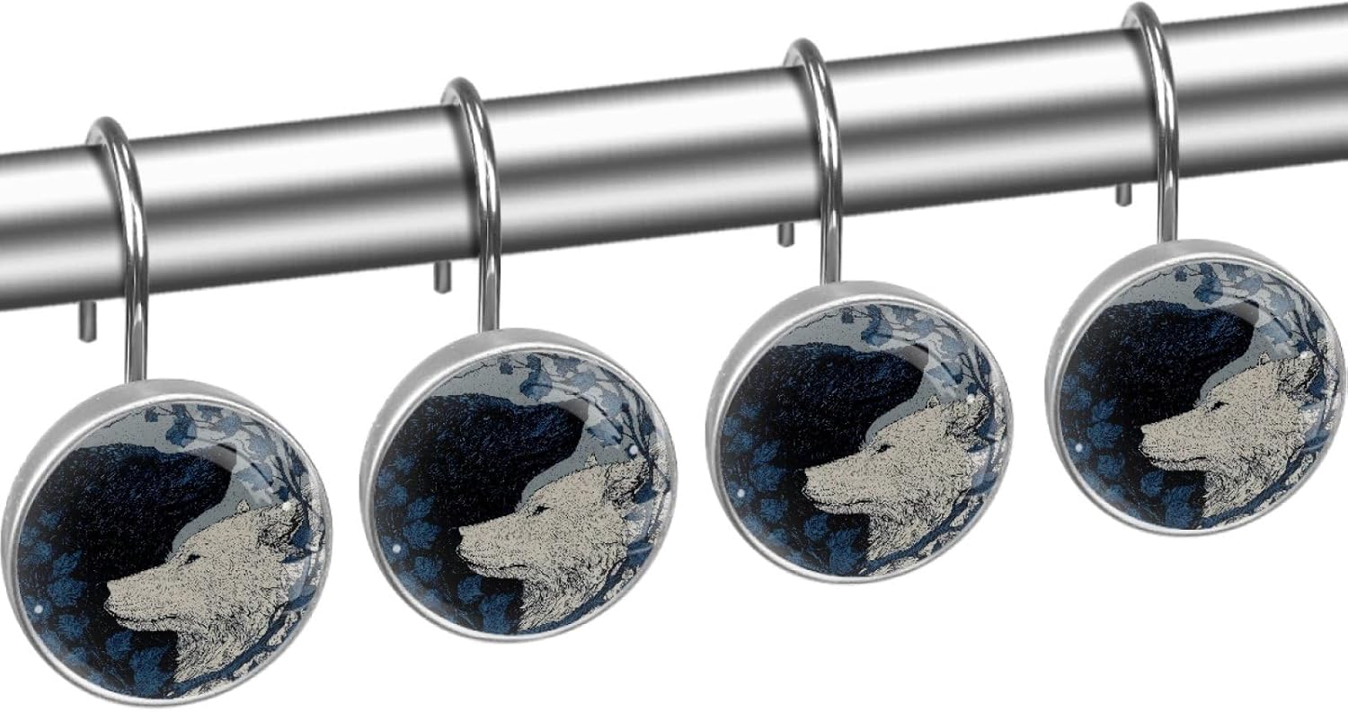 12 Packs Yin Yang Wolf Shower Curtain Hooks, Stainless Steel Glass Shower Curtain Rings for Bathroom Decor, Metal Rustproof Curtain Rod Hooks