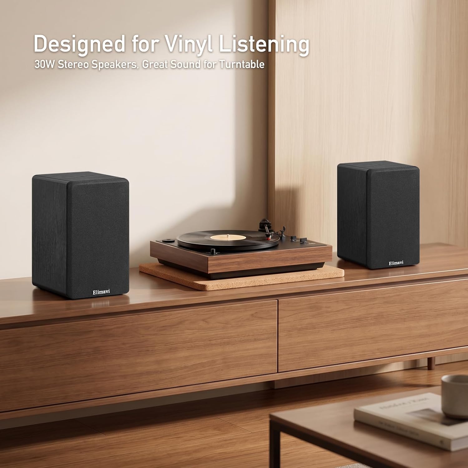 Elimavi Powered Bookshelf Speakers for Record Players, RCA Input, Black | Vinyl Speaker with 4" Drivers, 30W RMS Built-in Class D Amp, Includes RCA and 3.5mm Audio Cables, Plug-and-Play, Wood Cabinet