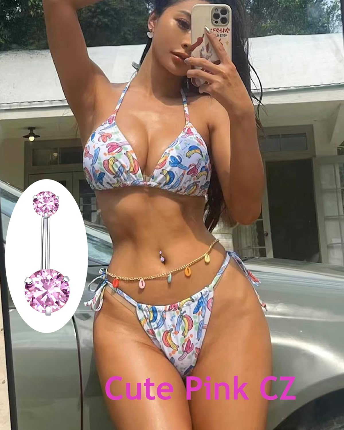 6Pcs Belly Button Ring Dangle Navel Belly Piercing Jewelry Bow Heart Butterfly Flower Navel Belly Rings Stainless Steel Dangling Jewelry 14G Cute Pink White CZ for Women - Image 4