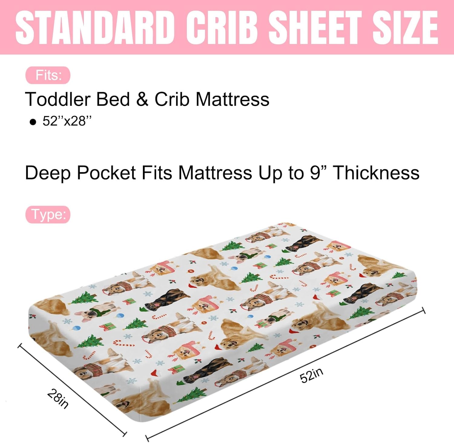 Elite Meri Christmas 52''x28'' Fitted Crib Sheets for Boy Girl - Dogs Lover Gift with Dogs Trees Pattern
