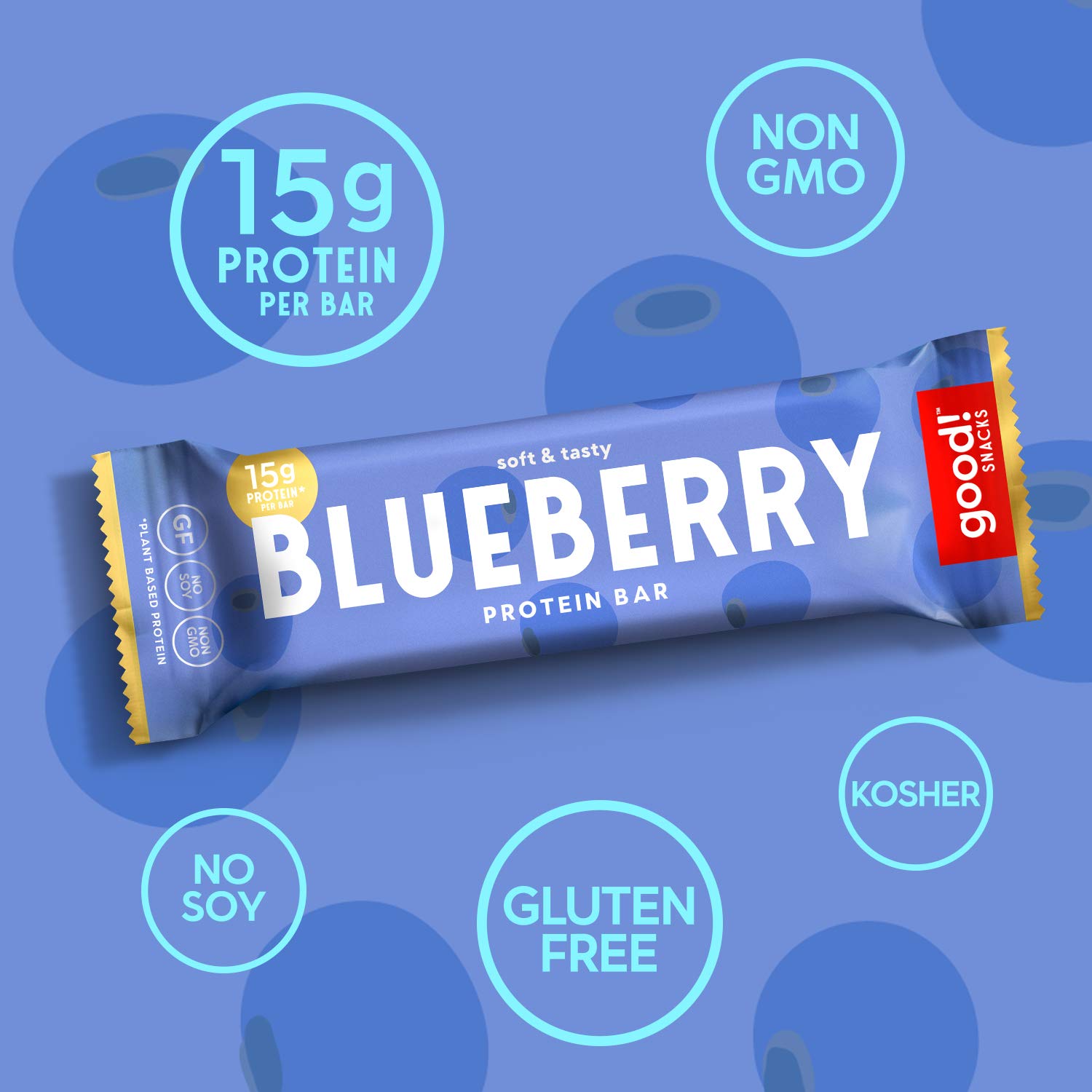 good! Snacks Blueberry Vegan Protein Bar, Soy & Gluten Free, Plant Based, Low Sugar, 15g Clean Protein, Natural Healthy Superfood Snack, Kosher Friendly, For Athletes & Active Lifestyles, 12 Bars