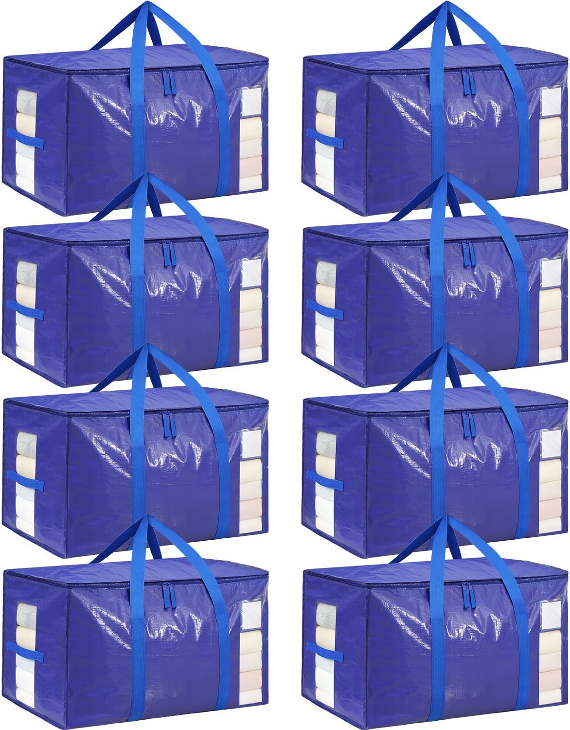 BAGAIL Heavy Duty Moving Bags with Visible Windows, Extra Large Storage Tote, Moving Boxes for Clothes, Dorm Packing Supplies(8 Pack, Blue)
