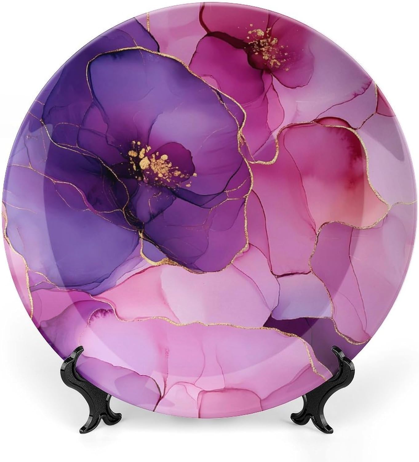 Marble Tie Dye Gradient Bone China Decorative Plate with Stand Home Dessert Plates Gift for Men Women 7inch