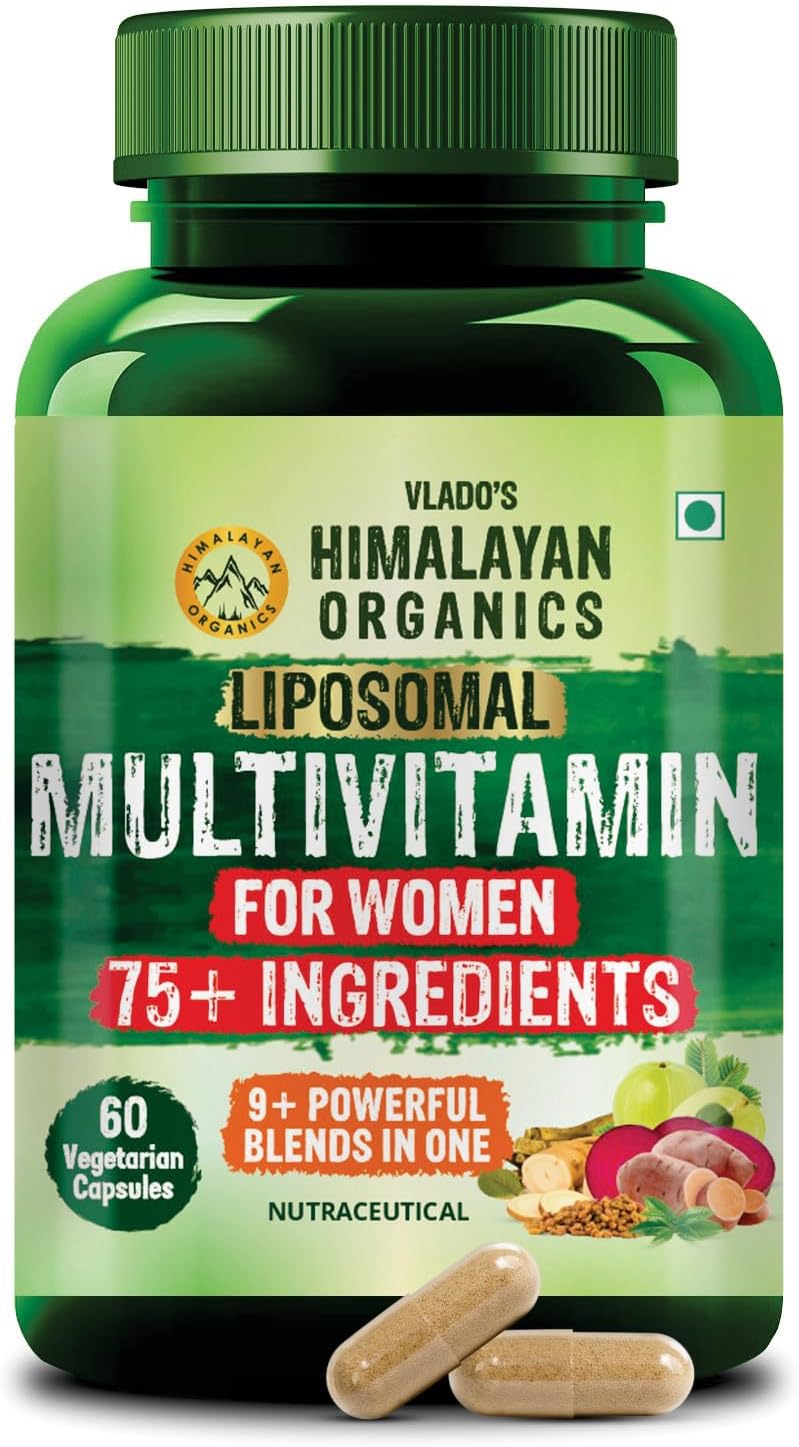 Vlado’s Himalayan Organics Liposomal Multivitamin for Women with 75+ Ingredients | Vitamin B1, B2, B3, B5, B6, B9, B12, C, D3, E, K2, Biotin, Calcium, Magnesium, Iron, Zinc | 9+ Powerful Blends | Energy, Immunity, Hair Skin & Nails Support | 60 Veg Capsules