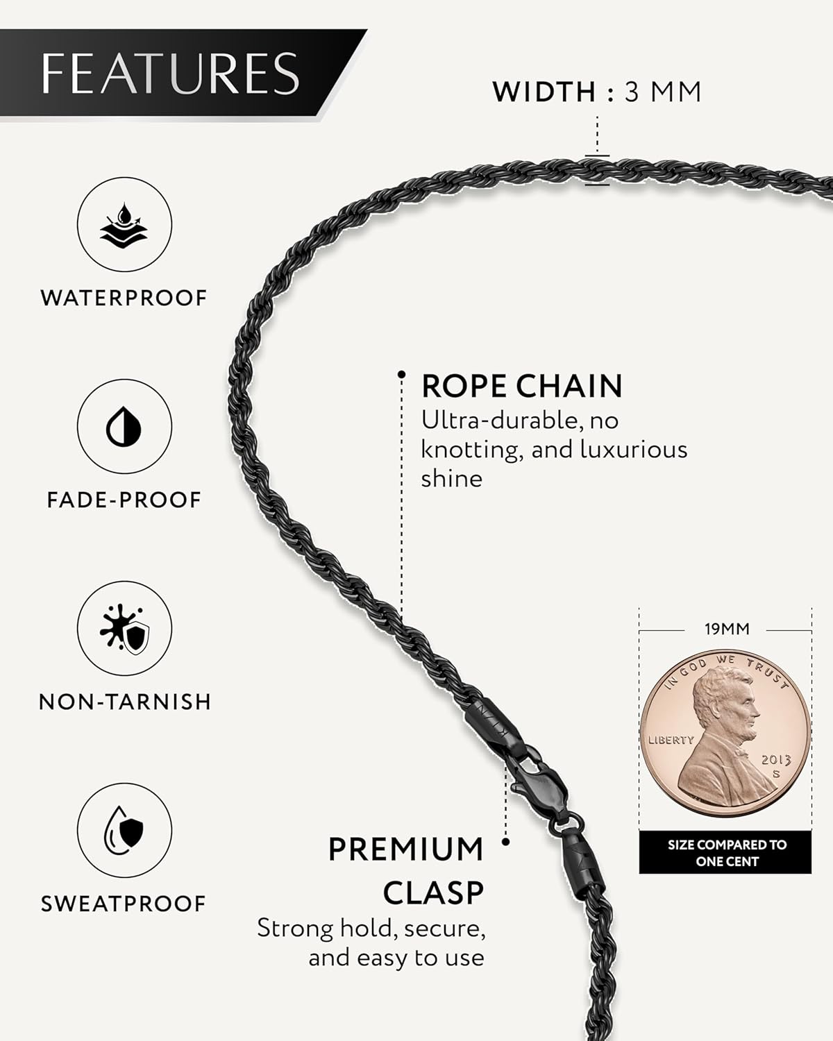 RTZN® Gold Rope Chain for Men – 3mm Mens Rope Chain – Premium Stainless Steel Necklace for Men & Boys – Non-Tarnish & Waterproof Black, Silver, Gold Mens Chain Necklaces – 18/20/22/24/26" Inches - Image 4