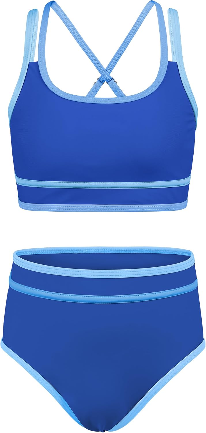Girls Swimsuit Bikinis Two Piece Piping High Waisted Athletic Girl Bathing Suit 9-16Y