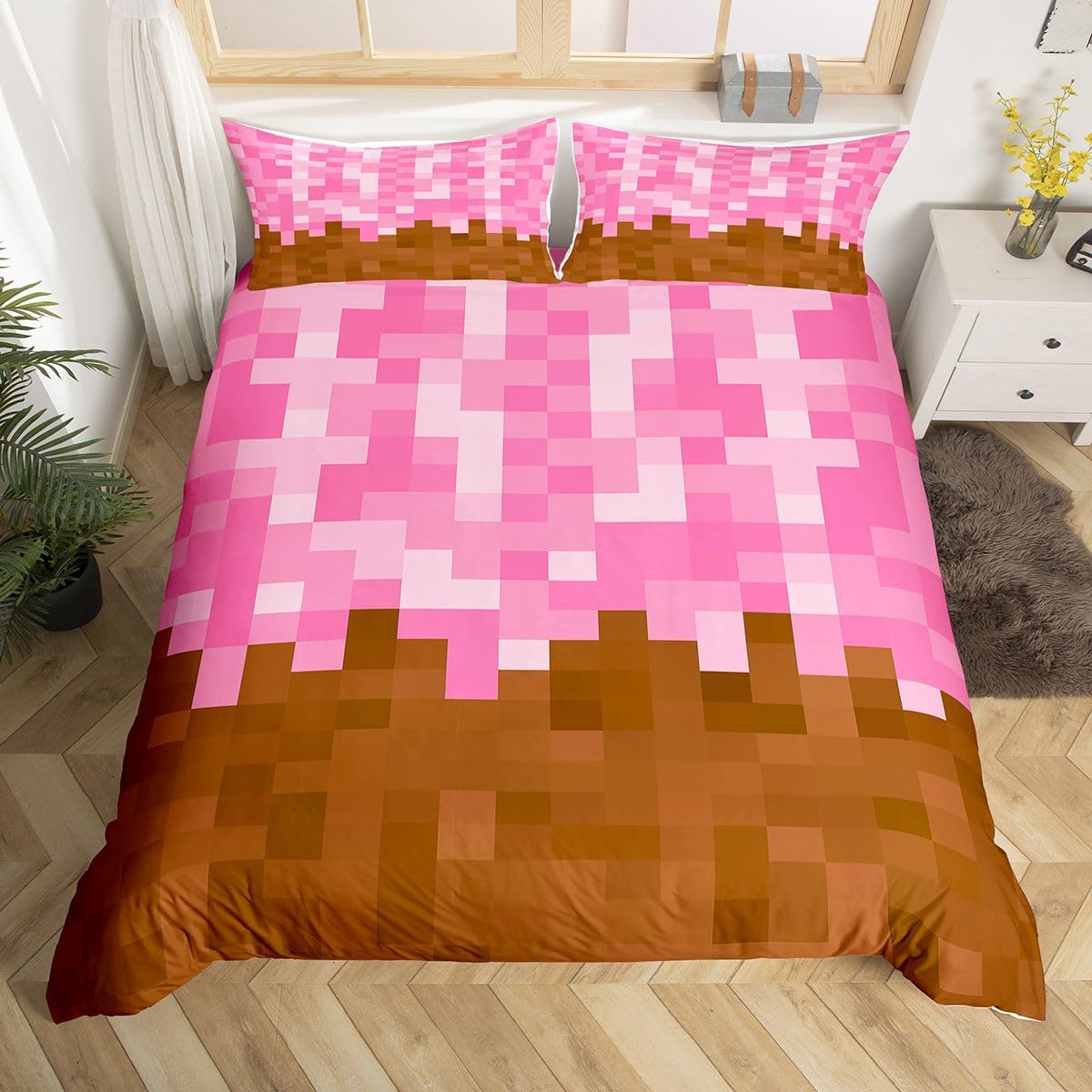Manfei Pixelated Miners Game Duvet Cover Set Full Size,Video Games Gamepad Gaming Kids Bedding Set,Modern Geometric Square Room Decor,Pink Brown Quilt Cover,2 Pillowcases(No Comforter) image 4