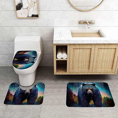 Contrence 3 juegos de alfombras de baño con cubierta de inodoro en forma de U, tapete de baño The Bear lavable a máquina, alfombra de contorno para