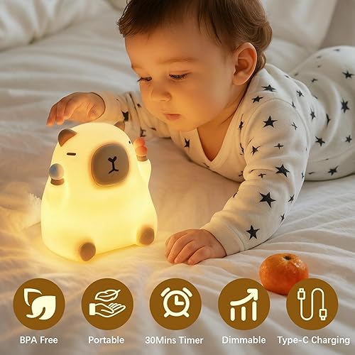 Miniatura 3 de Capybara Night Light for Kids, Capybara Squishy Lamp, 3 Level Dimmable Nursery Nightlight with Timer, Rechargeable Cute Animal Night Light for Baby,