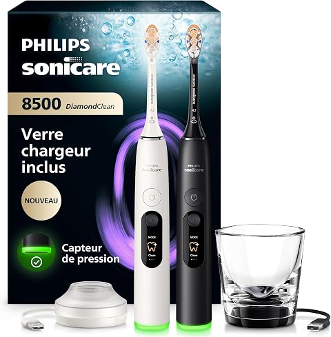 Philips Sonicare DiamondClean 8500 nouvelle génération – brosse à dents électrique avec capteur de pression, 18 réglages, coloris blanc poudré et noir, pack de 2, modèle HX8596/21