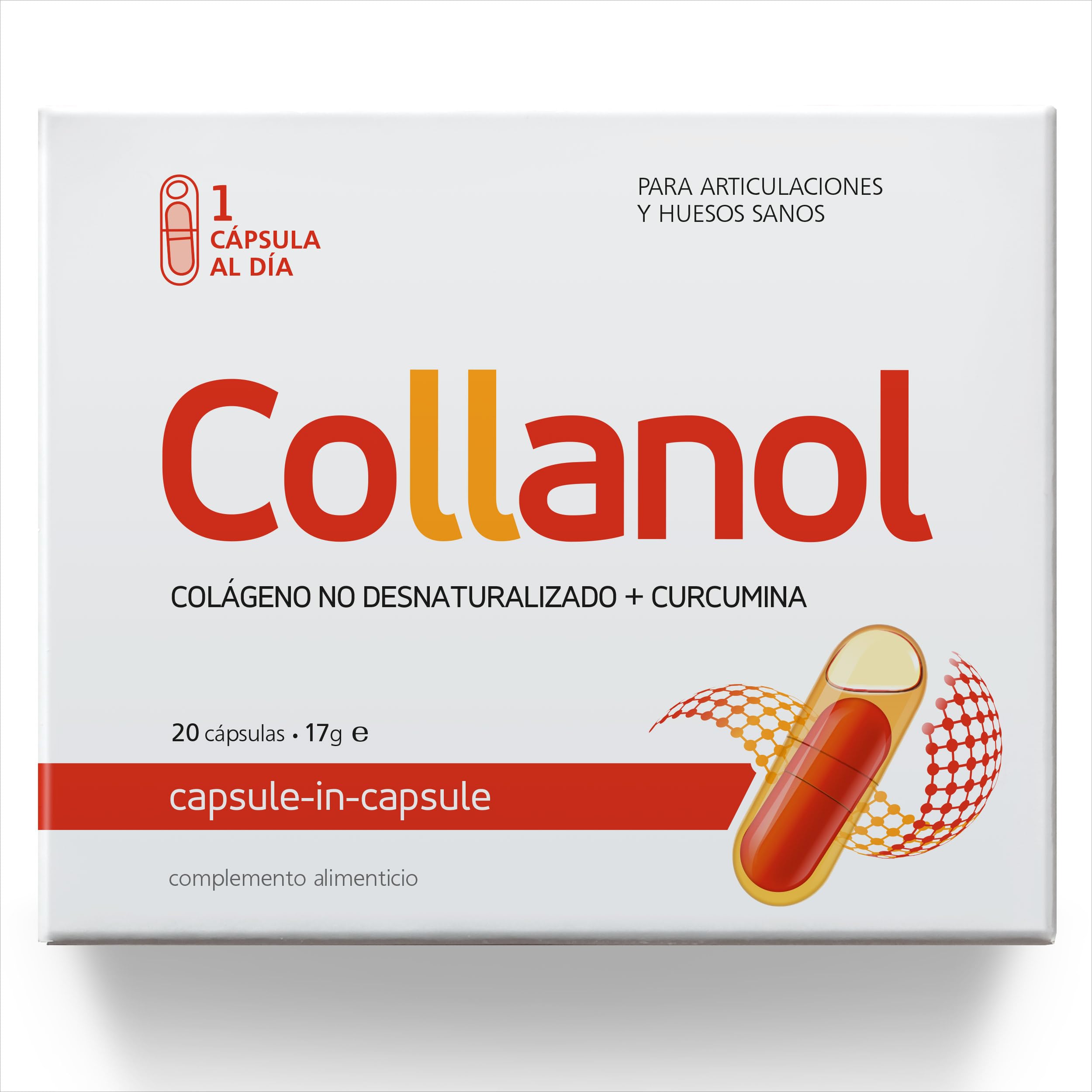 Collanol - una innovación en el cuidado de las articulaciones sanas. Fórmula líquida en cápsula doble. Colágeno 3D + curcumina micelar. 1 cápsula/día. Probado en laboratorio
