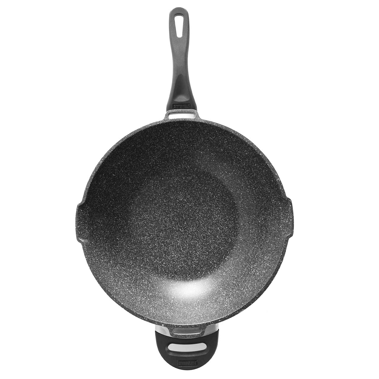 STONELINE Future Wok 32 cm, mit Sieb-Glasdeckel, mit austauschbaren Griffen, induktionsgeeignet, Aluguss, beschichtet mit echten Steinpartikeln, Grau, Wokpfanne mit Deckel